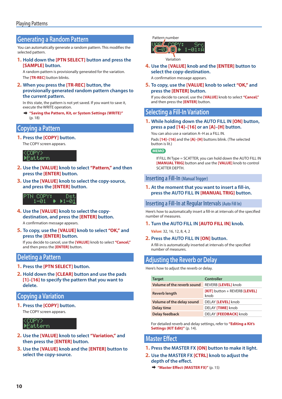 Generating a random pattern, Copying a pattern, Deleting a pattern | Copying a variation, Selecting a fill-in variation, Inserting a fill-in (manual trigger), Adjusting the reverb or delay, Master effect, Inserting a fill-in, Inserting a fill-in at regular intervals | Roland AIRA TR-8S Rhythm Performer User Manual | Page 10 / 24