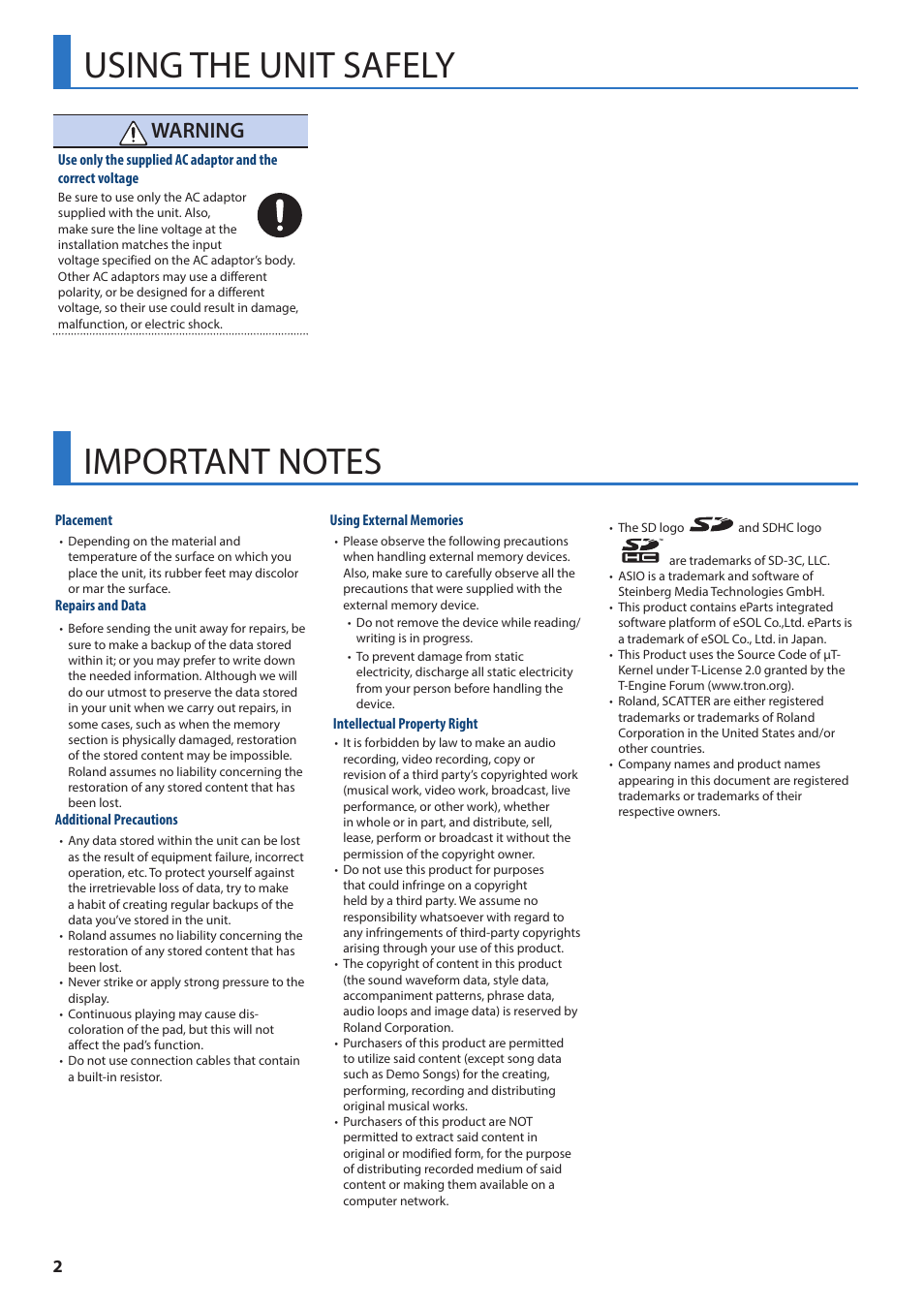 Using the unit safely, Important notes, Warning | Roland AIRA TR-8S Rhythm Performer User Manual | Page 2 / 24