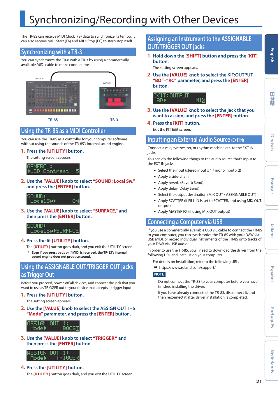 Synchronizing/recording with other devices, Synchronizing with a tb-3, Using the tr-8s as a midi controller | Inputting an external audio source (ext in), Connecting a computer via usb, Using the assignable out/trigger out jacks as, Trigger out, Assigning an instrument to the assignable out, Trigger out jacks, Inputting an external audio source | Roland AIRA TR-8S Rhythm Performer User Manual | Page 21 / 24