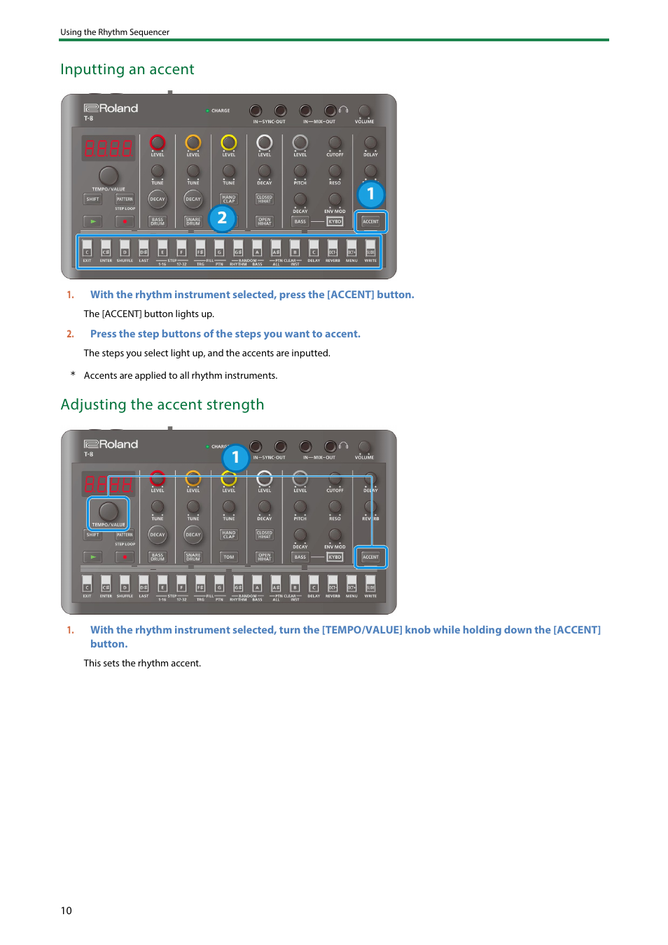 Inputting an accent, Adjusting the accent strength | Roland AIRA Compact T-8 Beat Machine User Manual | Page 10 / 32