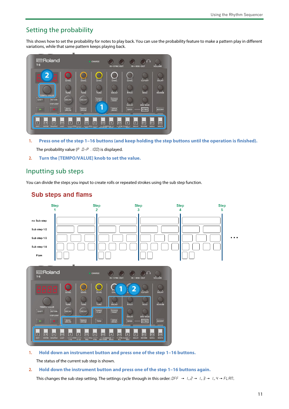 Setting the probability, Inputting sub steps | Roland AIRA Compact T-8 Beat Machine User Manual | Page 11 / 32