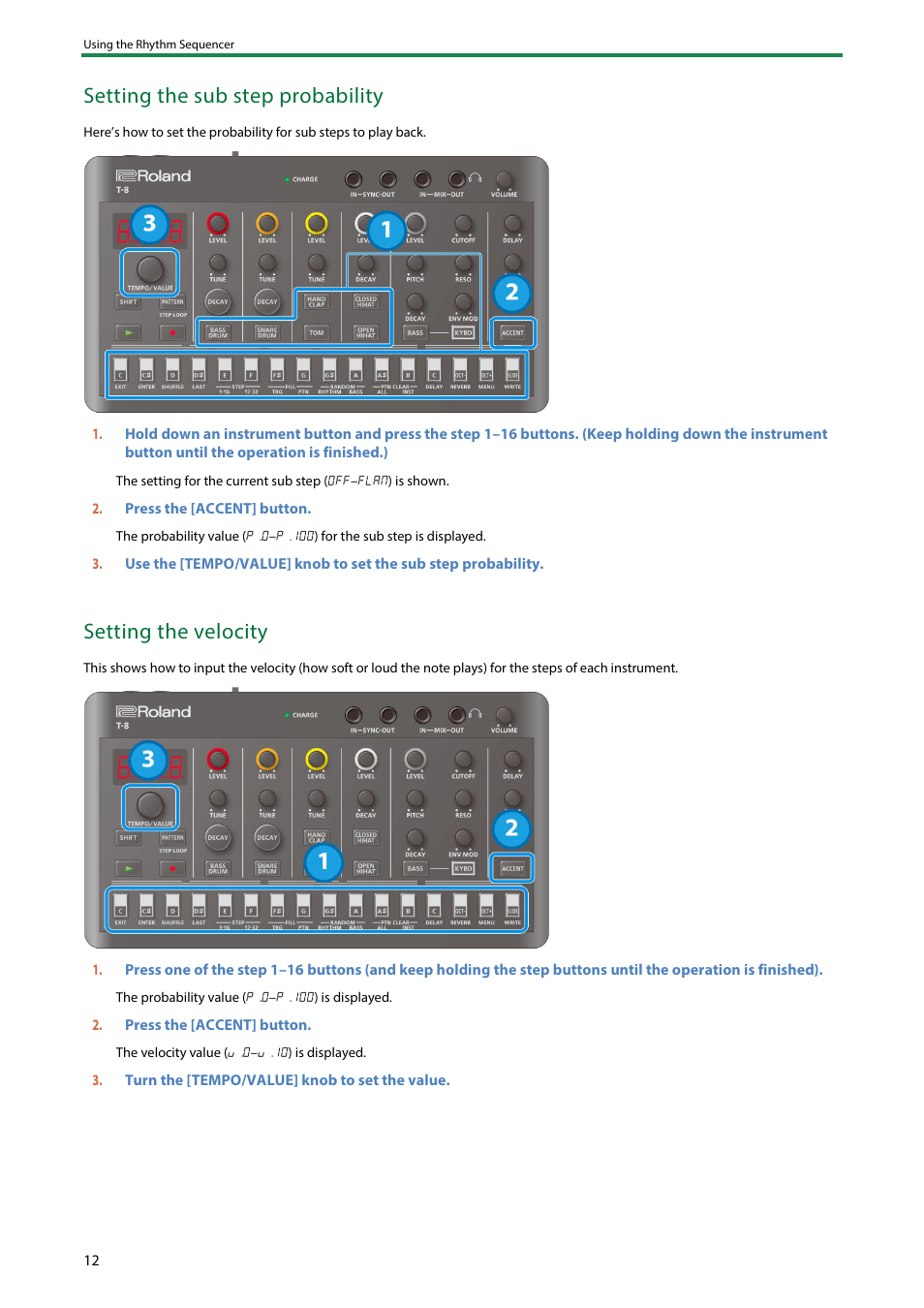 Setting the sub step probability, Setting the velocity | Roland AIRA Compact T-8 Beat Machine User Manual | Page 12 / 32