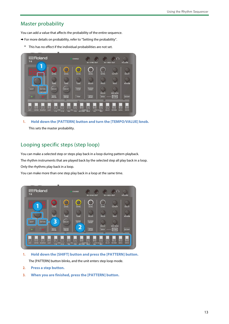 Master probability, Looping specific steps (step loop) | Roland AIRA Compact T-8 Beat Machine User Manual | Page 13 / 32