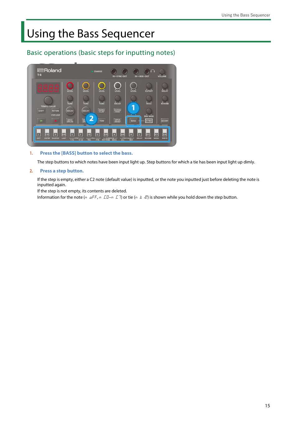 Using the bass sequencer | Roland AIRA Compact T-8 Beat Machine User Manual | Page 15 / 32