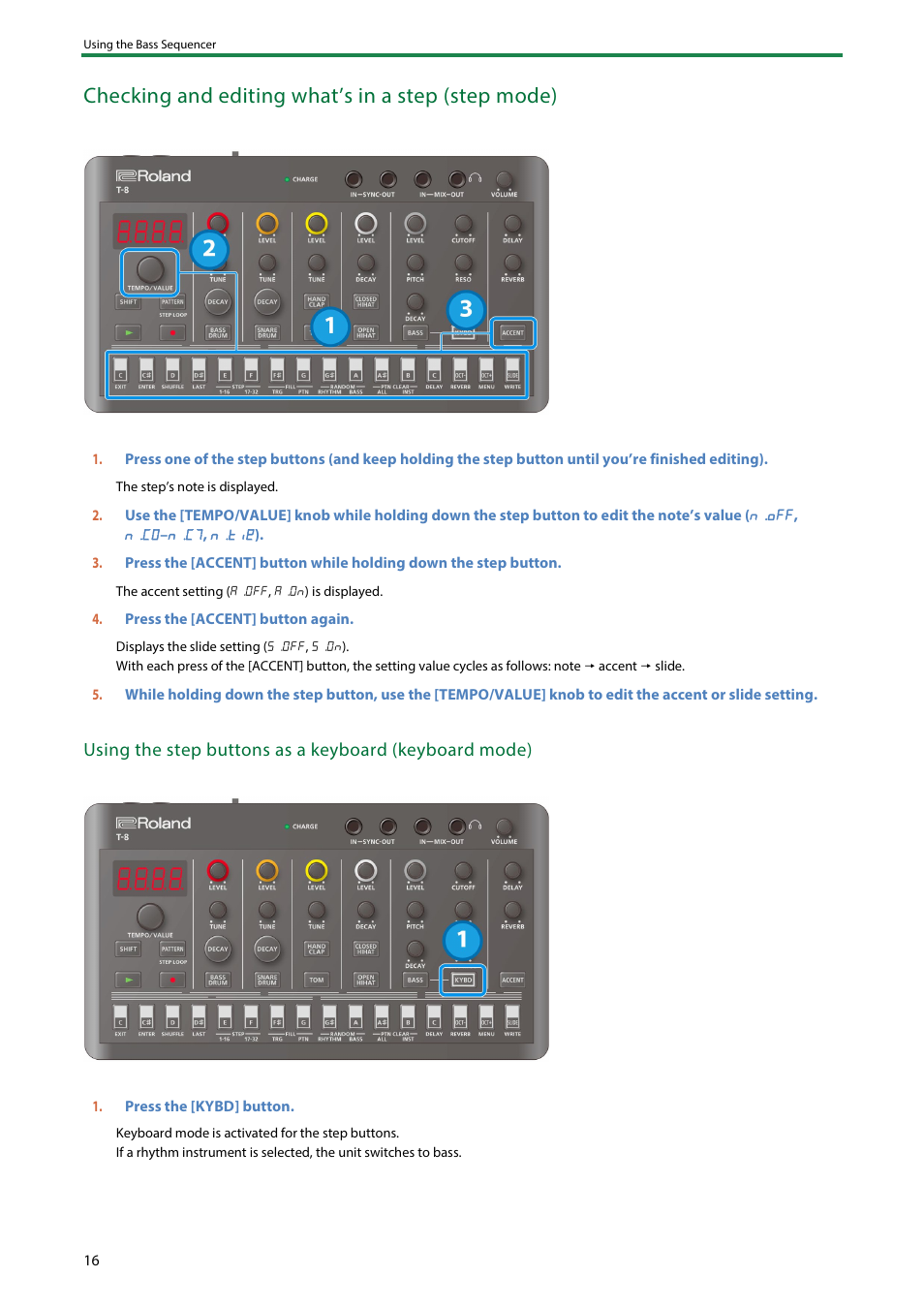 Checking and editing what’s in a step (step mode) | Roland AIRA Compact T-8 Beat Machine User Manual | Page 16 / 32