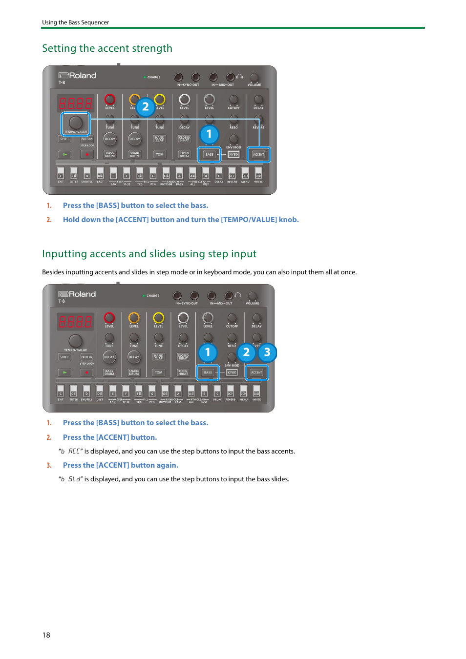 Setting the accent strength, Inputting accents and slides using step input | Roland AIRA Compact T-8 Beat Machine User Manual | Page 18 / 32