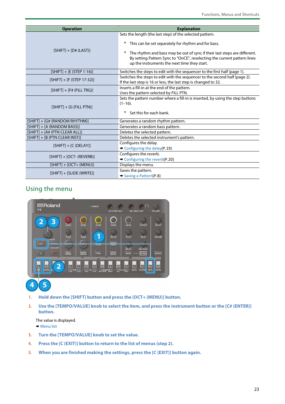 Using the menu | Roland AIRA Compact T-8 Beat Machine User Manual | Page 23 / 32