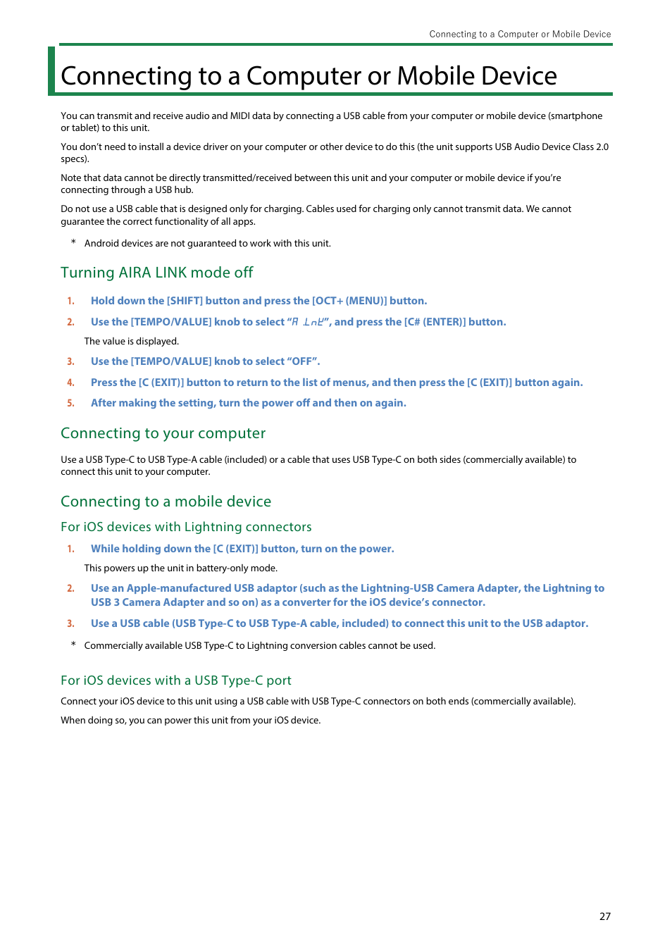 Connecting to a computer or mobile device, Turning aira link mode off, Connecting to your computer | Connecting to a mobile device, For ios devices with lightning connectors, For ios devices with a usb type-c port | Roland AIRA Compact T-8 Beat Machine User Manual | Page 27 / 32
