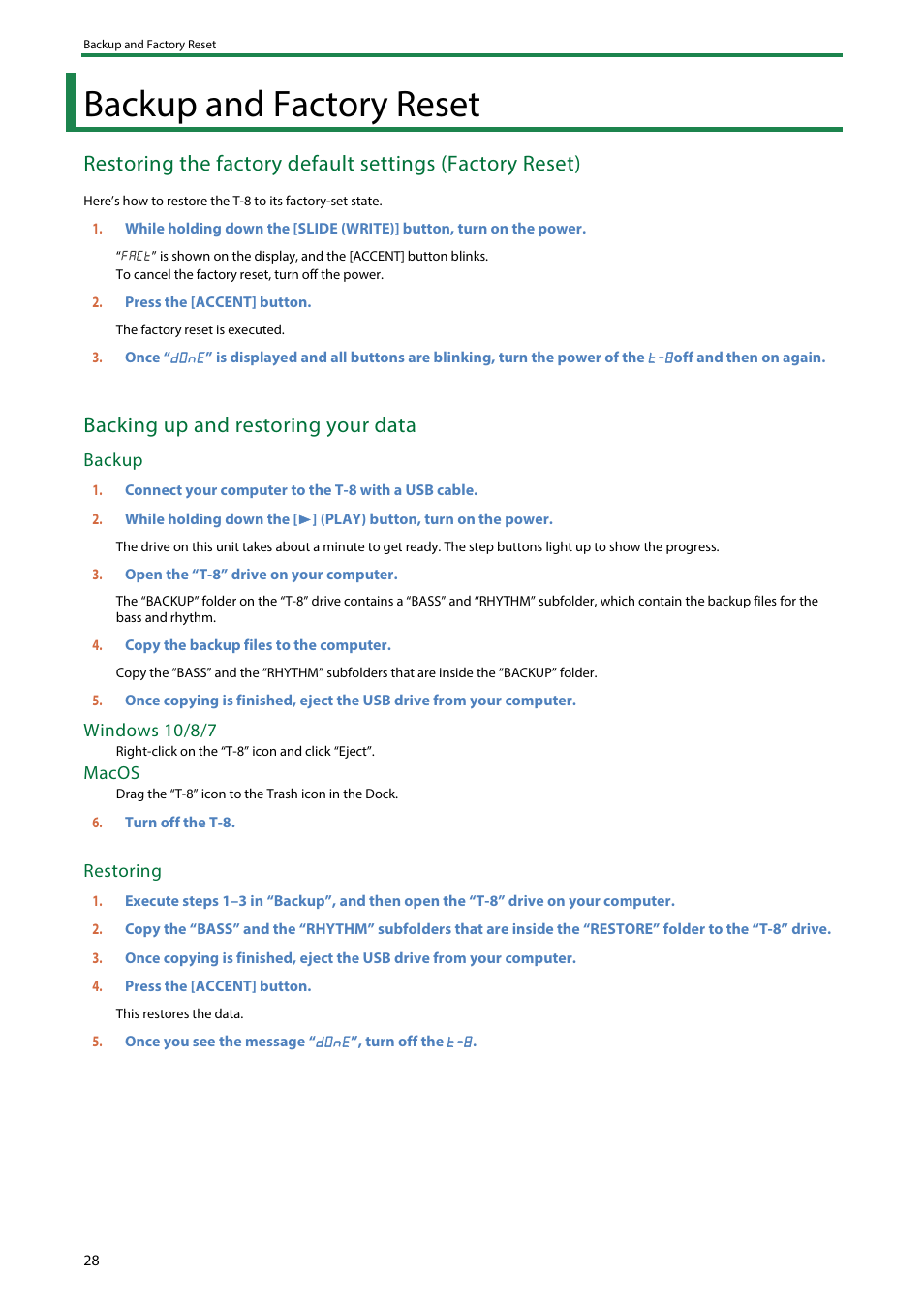 Backup and factory reset, Backing up and restoring your data, Backup | Windows 10/8/7, Macos, Restoring | Roland AIRA Compact T-8 Beat Machine User Manual | Page 28 / 32