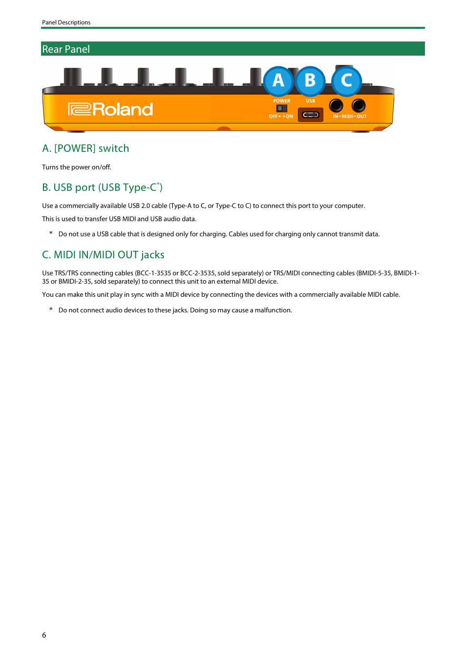 Rear panel, A. [power] switch, B. usb port (usb type-c | C. midi in/midi out jacks | Roland AIRA Compact T-8 Beat Machine User Manual | Page 6 / 32
