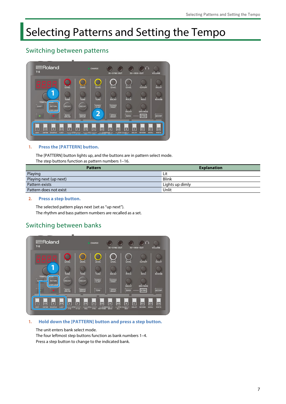Selecting patterns and setting the tempo, Switching between patterns, Switching between banks | Roland AIRA Compact T-8 Beat Machine User Manual | Page 7 / 32