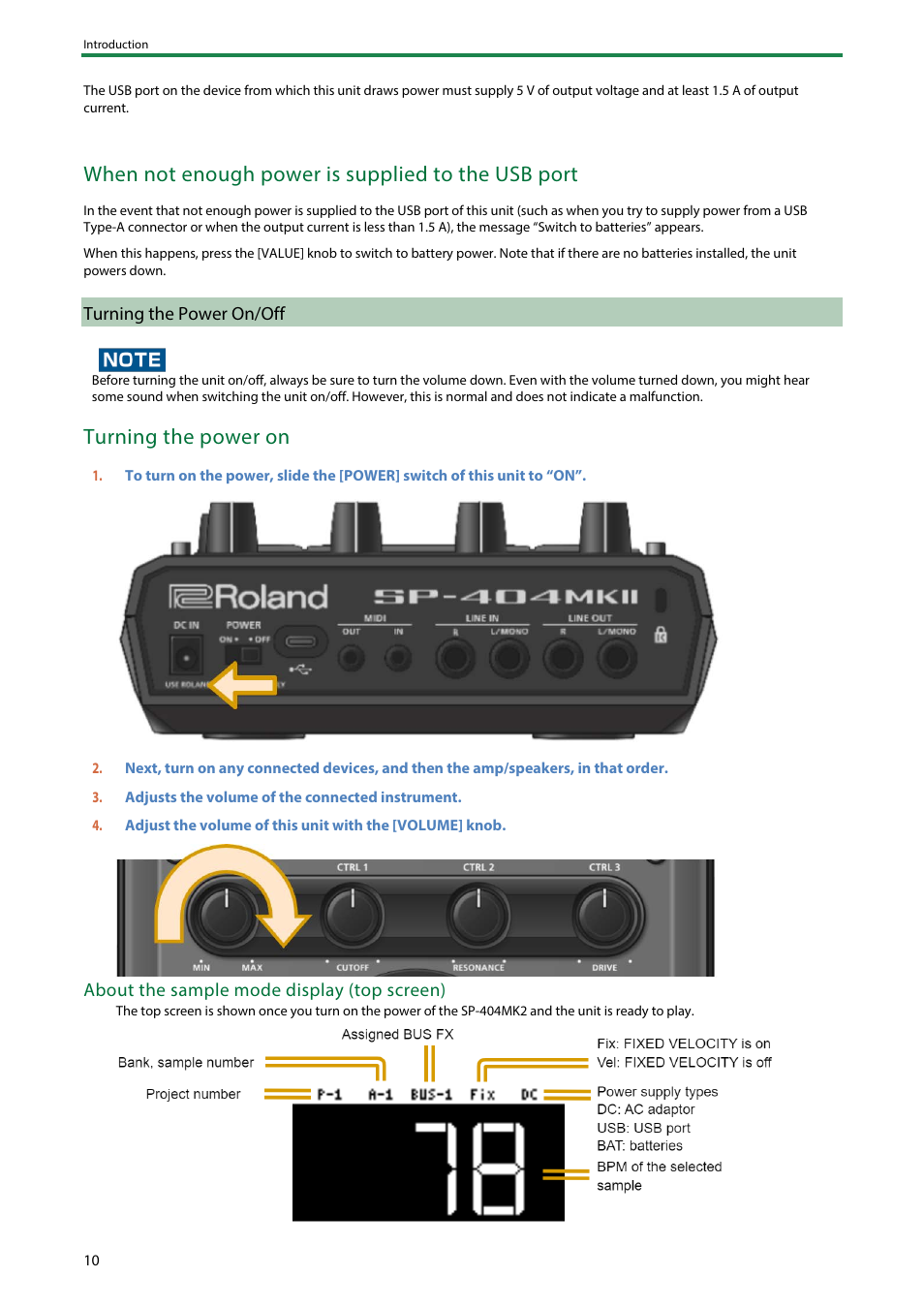 Turning the power on/off, When not enough power is supplied to the usb port, Turning the power on | Roland SP-404MKII Creative Sampler and Effector User Manual | Page 10 / 154