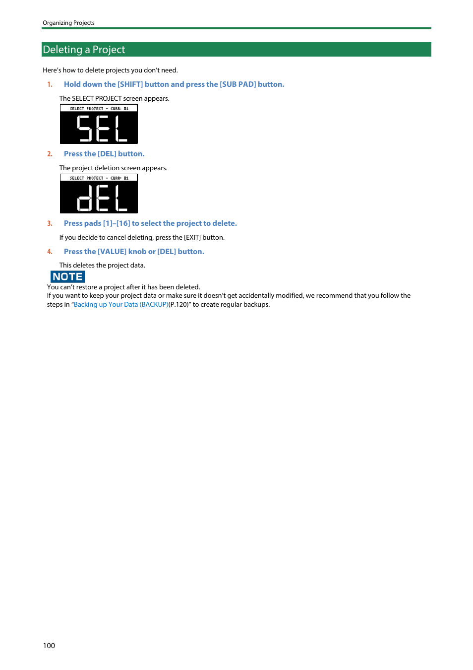 Deleting a project | Roland SP-404MKII Creative Sampler and Effector User Manual | Page 100 / 154