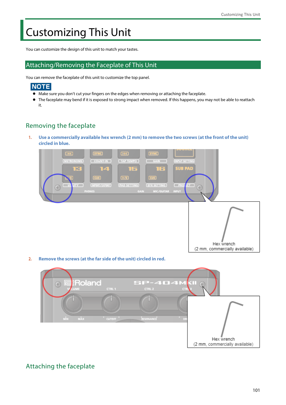 Customizing this unit, Attaching/removing the faceplate of this unit, Removing the faceplate | Attaching the faceplate | Roland SP-404MKII Creative Sampler and Effector User Manual | Page 101 / 154