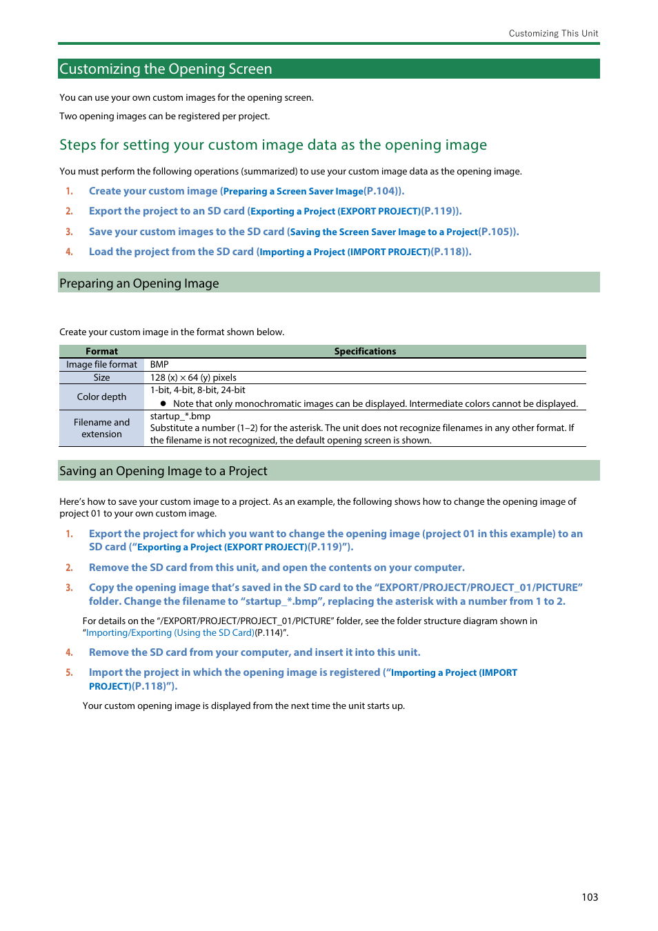 Customizing the opening screen, Preparing an opening image, Saving an opening image to a project | Roland SP-404MKII Creative Sampler and Effector User Manual | Page 103 / 154