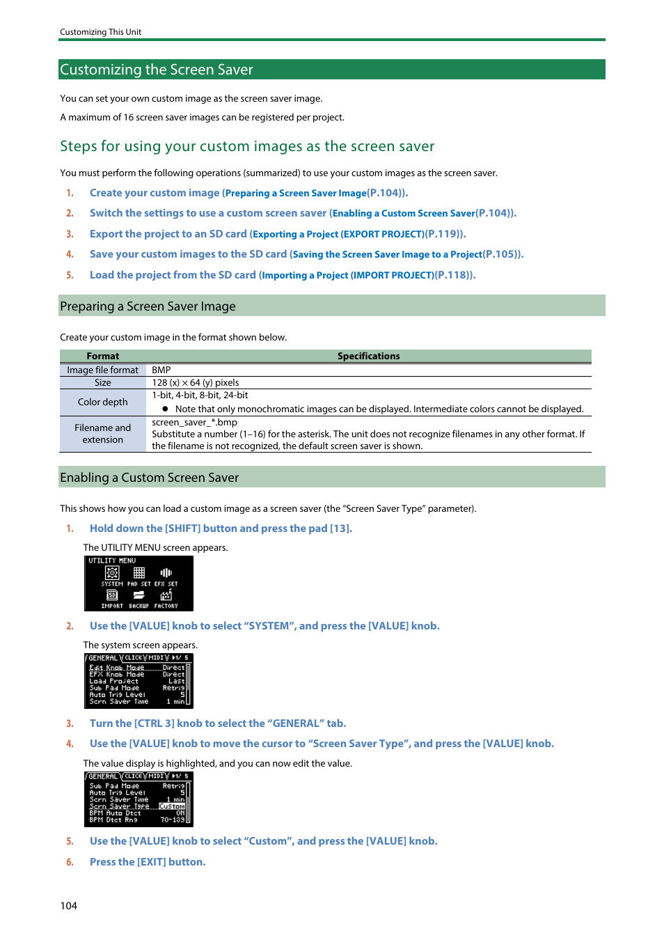 Customizing the screen saver, Preparing a screen saver image, Enabling a custom screen saver | Roland SP-404MKII Creative Sampler and Effector User Manual | Page 104 / 154