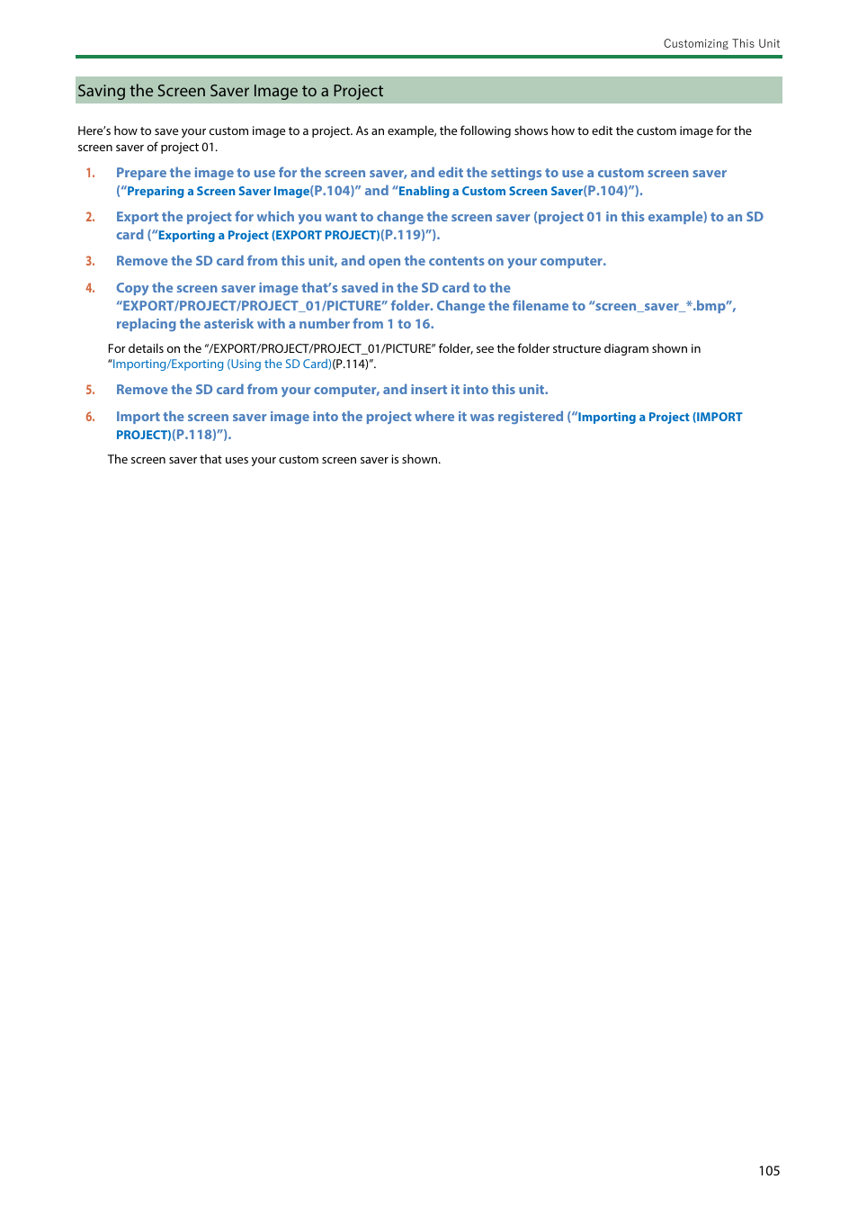 Saving the screen saver image to a project | Roland SP-404MKII Creative Sampler and Effector User Manual | Page 105 / 154
