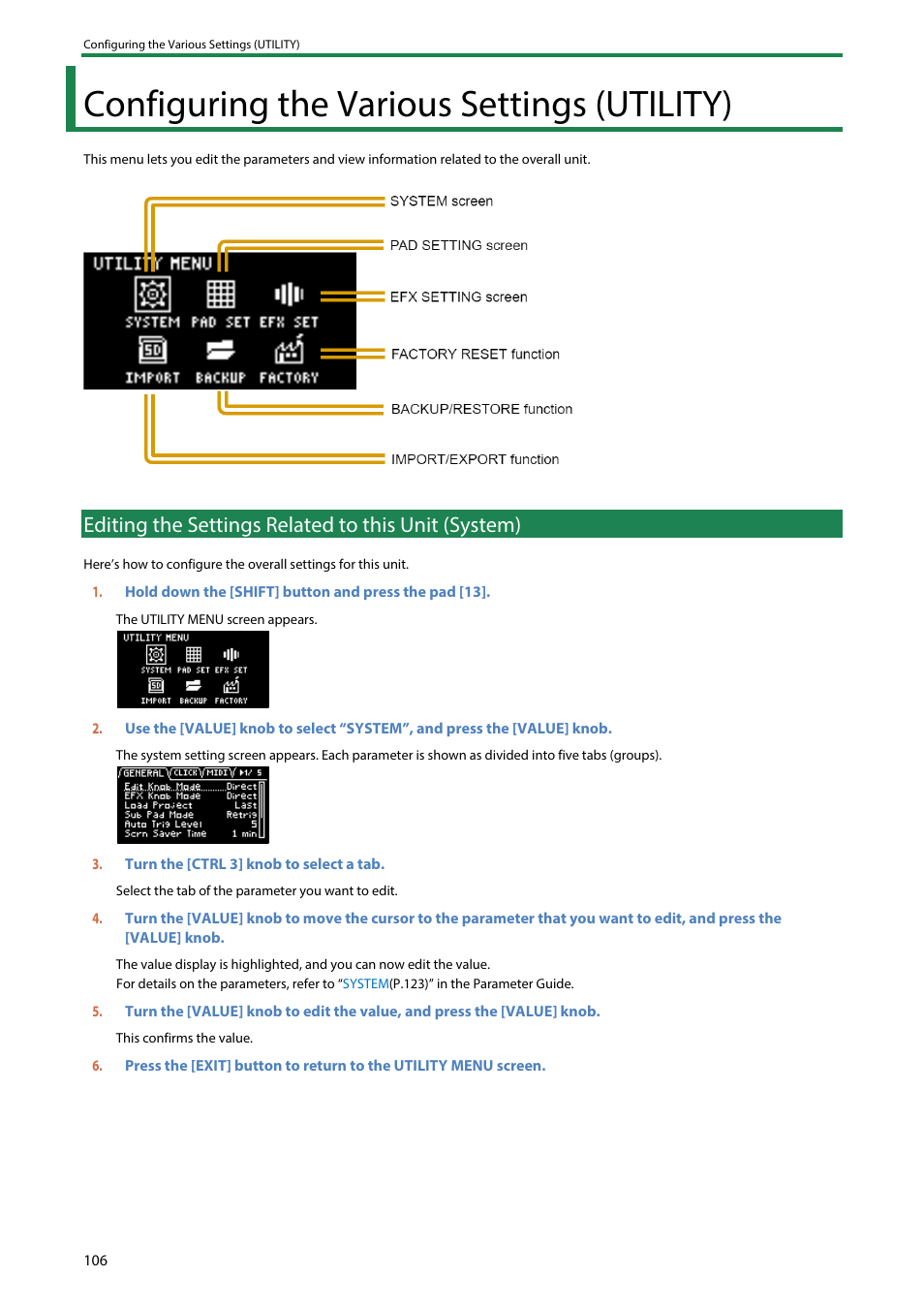 Configuring the various settings (utility), Editing the settings related to this unit (system) | Roland SP-404MKII Creative Sampler and Effector User Manual | Page 106 / 154