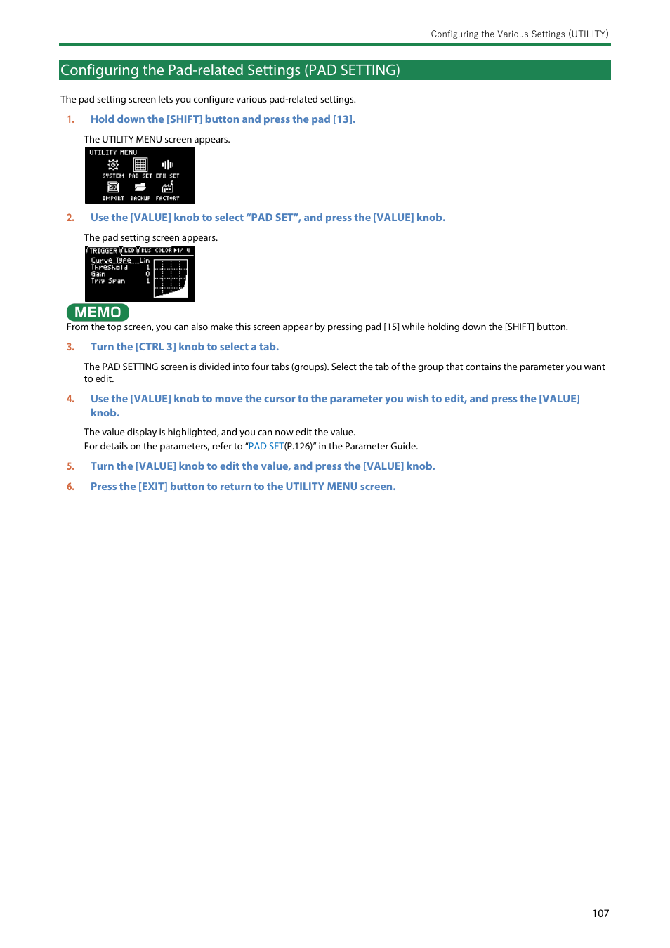 Configuring the pad-related settings (pad setting) | Roland SP-404MKII Creative Sampler and Effector User Manual | Page 107 / 154