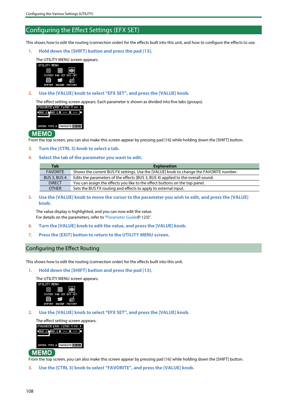 Configuring the effect settings (efx set), Configuring the effect routing | Roland SP-404MKII Creative Sampler and Effector User Manual | Page 108 / 154