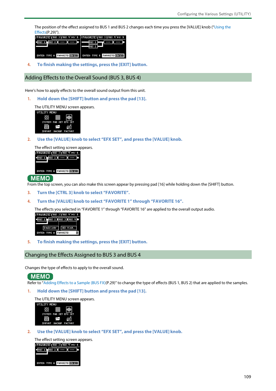 Adding effects to the overall sound (bus 3, bus 4), Changing the effects assigned to bus 3 and bus 4 | Roland SP-404MKII Creative Sampler and Effector User Manual | Page 109 / 154