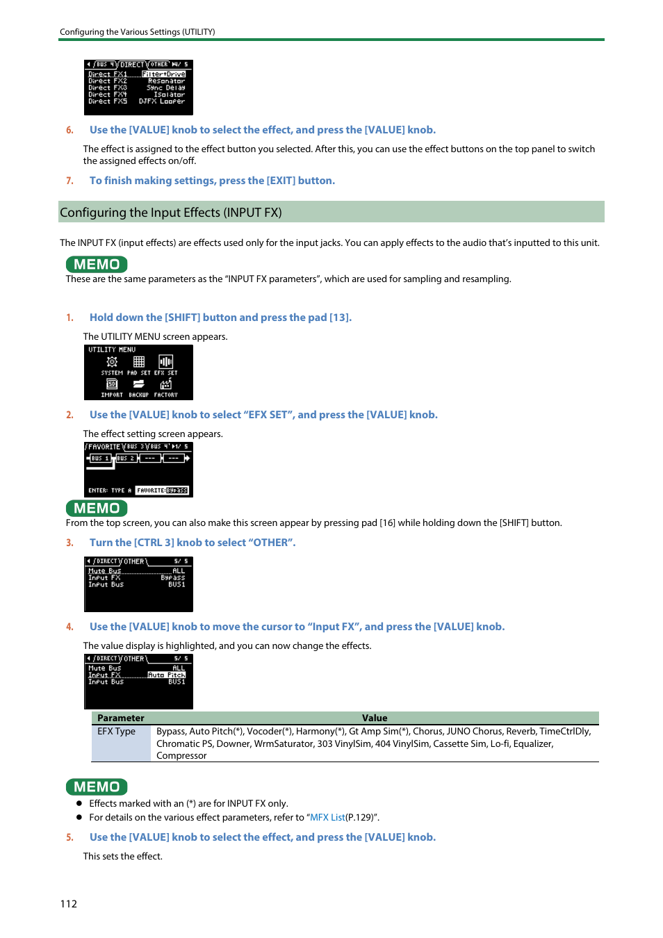 Configuring the input effects (input fx) | Roland SP-404MKII Creative Sampler and Effector User Manual | Page 112 / 154