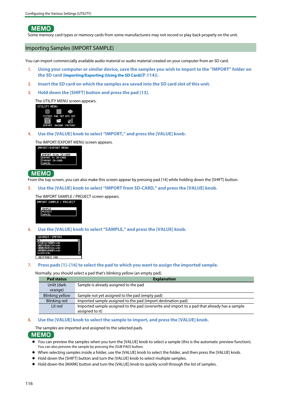 Importing samples (import sample), Importing samples (import, Sample) | Roland SP-404MKII Creative Sampler and Effector User Manual | Page 116 / 154