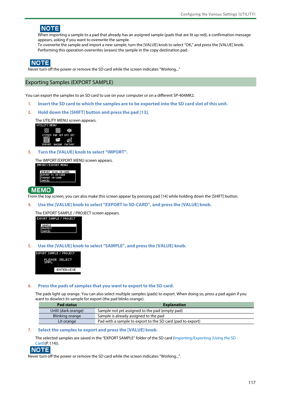 Exporting samples (export sample) | Roland SP-404MKII Creative Sampler and Effector User Manual | Page 117 / 154