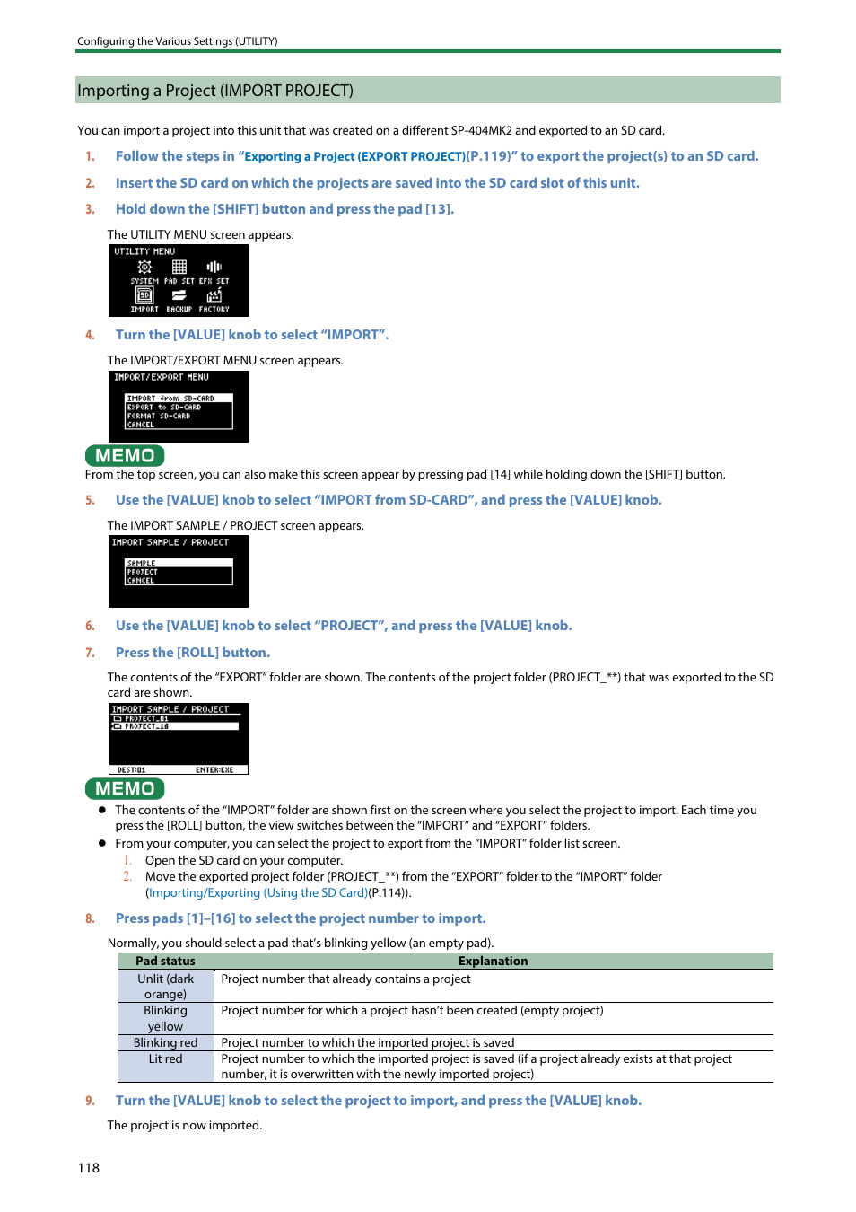 Importing a project (import project), Importing a project (import, Project) | Roland SP-404MKII Creative Sampler and Effector User Manual | Page 118 / 154