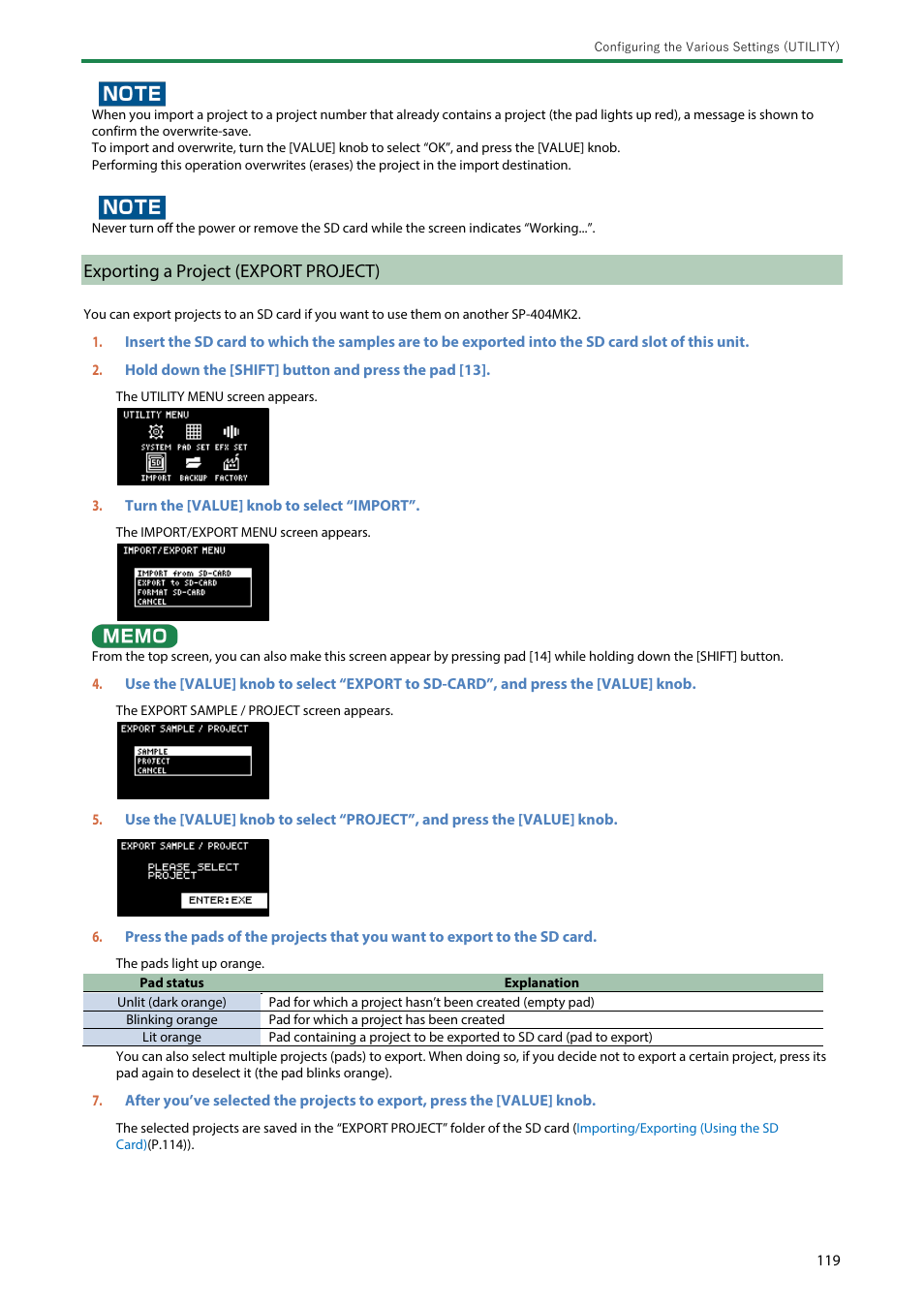 Exporting a project (export project) | Roland SP-404MKII Creative Sampler and Effector User Manual | Page 119 / 154