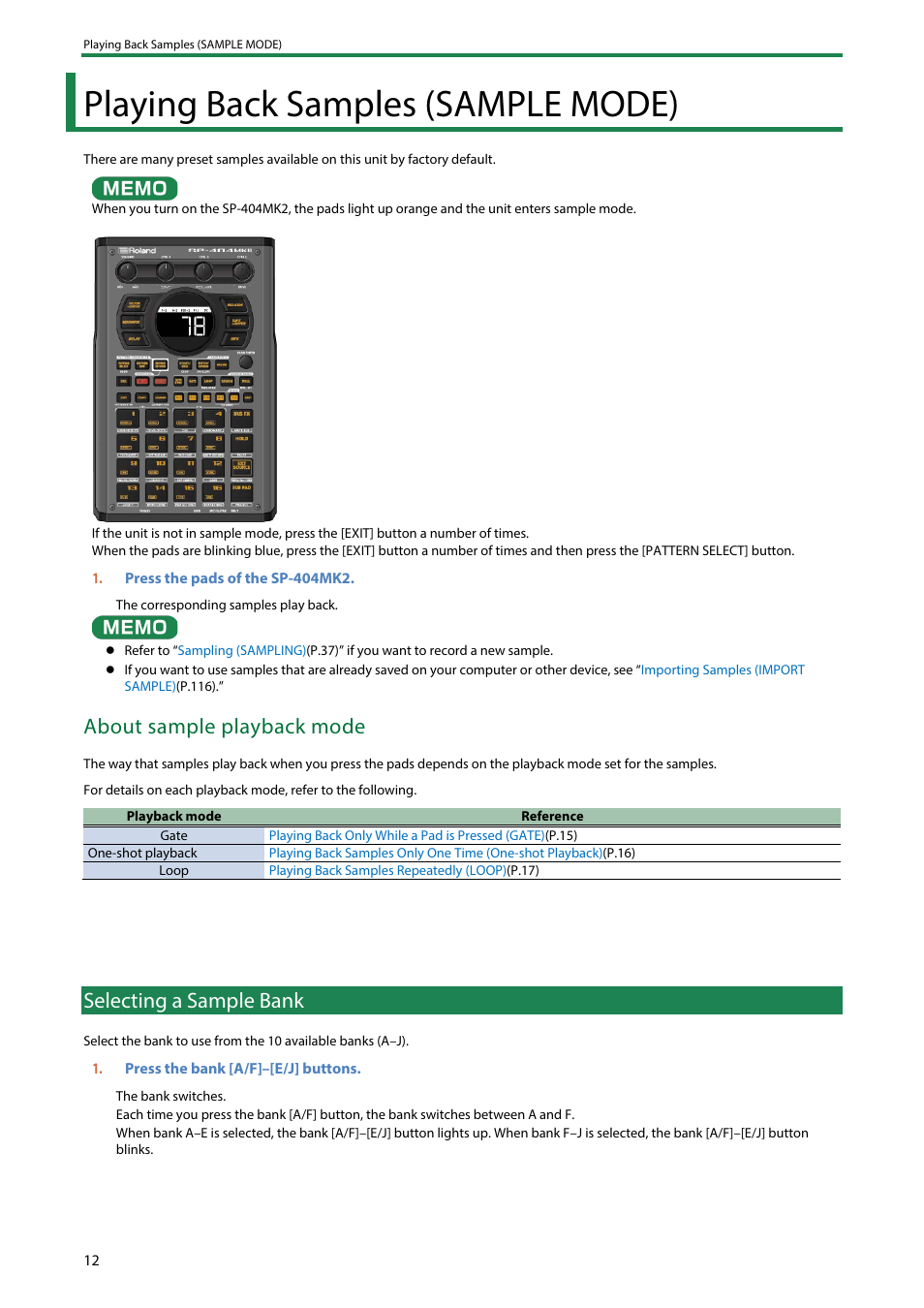 Playing back samples (sample mode), Selecting a sample bank, About sample playback mode | Roland SP-404MKII Creative Sampler and Effector User Manual | Page 12 / 154