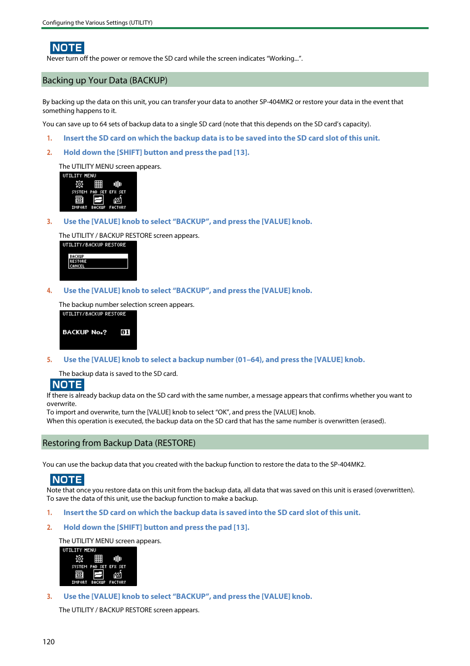 Backing up your data (backup), Restoring from backup data (restore) | Roland SP-404MKII Creative Sampler and Effector User Manual | Page 120 / 154