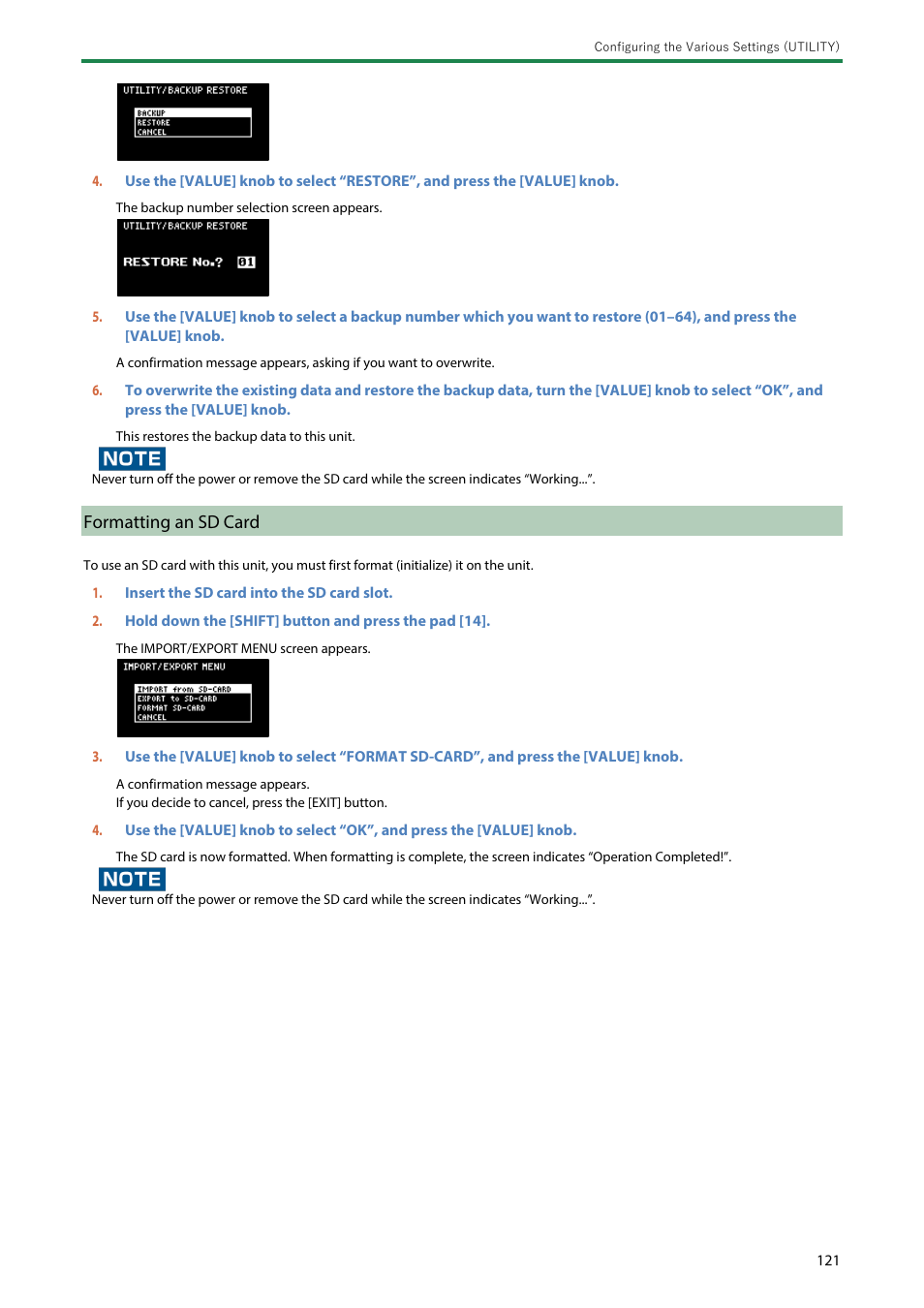 Formatting an sd card | Roland SP-404MKII Creative Sampler and Effector User Manual | Page 121 / 154