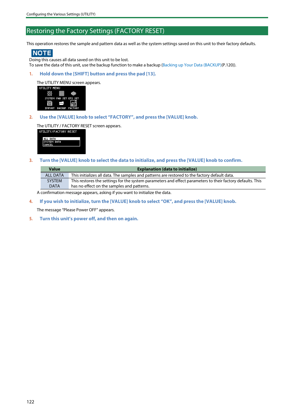 Restoring the factory settings (factory reset) | Roland SP-404MKII Creative Sampler and Effector User Manual | Page 122 / 154