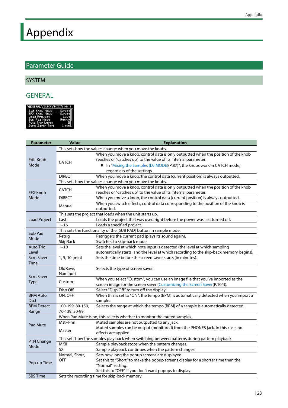 Appendix, Parameter guide, System | General | Roland SP-404MKII Creative Sampler and Effector User Manual | Page 123 / 154