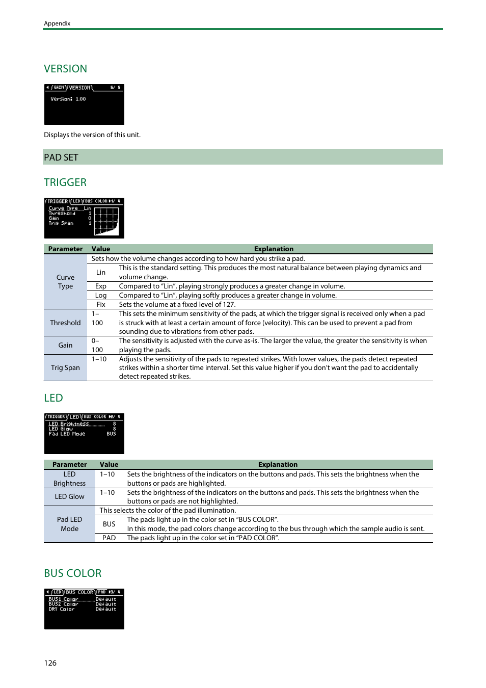 Pad set, Version, Trigger | Bus color | Roland SP-404MKII Creative Sampler and Effector User Manual | Page 126 / 154