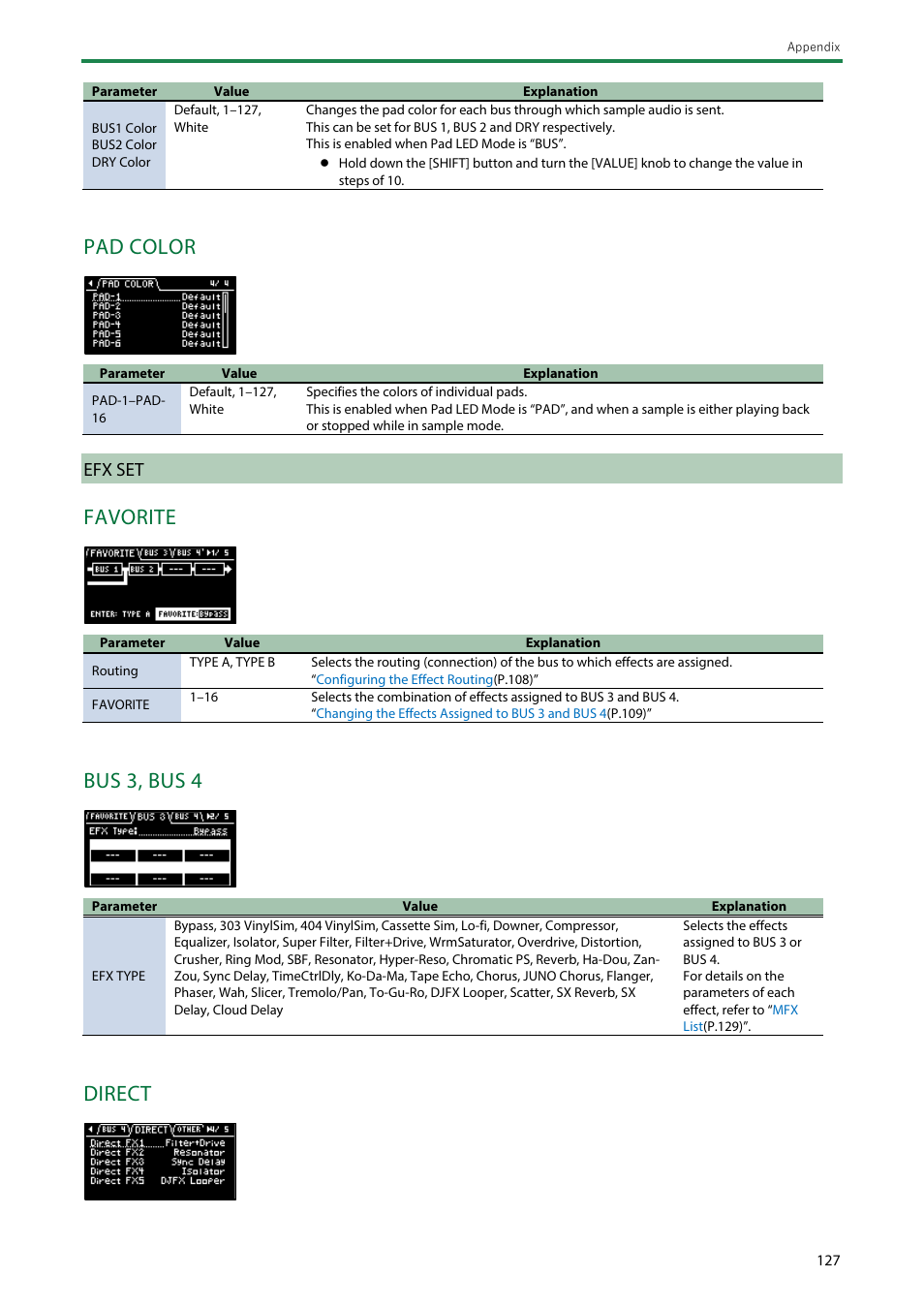 Efx set, Pad color, Favorite | Bus 3, bus 4, Direct | Roland SP-404MKII Creative Sampler and Effector User Manual | Page 127 / 154