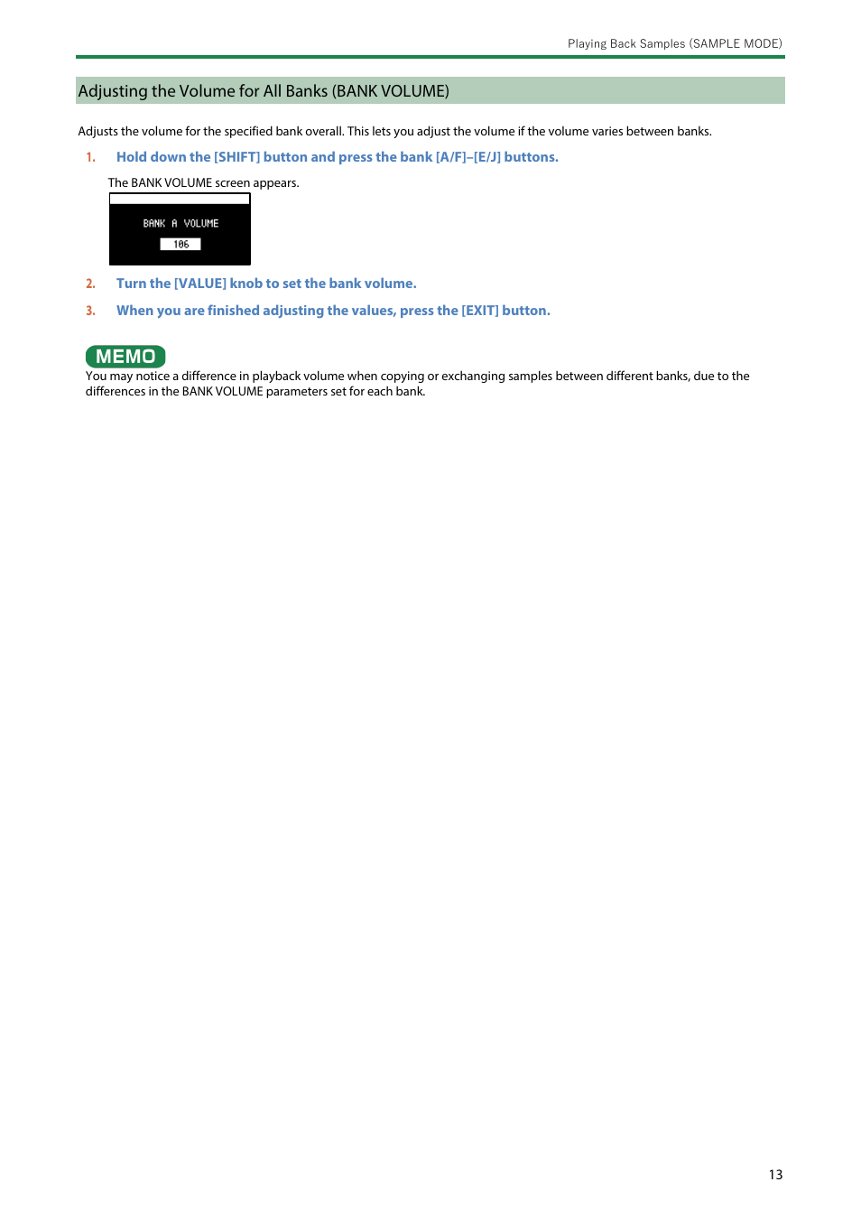 Adjusting the volume for all banks (bank volume) | Roland SP-404MKII Creative Sampler and Effector User Manual | Page 13 / 154