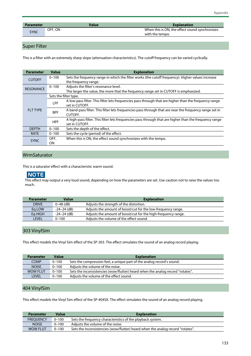 Super filter, Wrmsaturator, 303 vinylsim | 404 vinylsim, 3 vinylsim, 4 vinylsim | Roland SP-404MKII Creative Sampler and Effector User Manual | Page 133 / 154