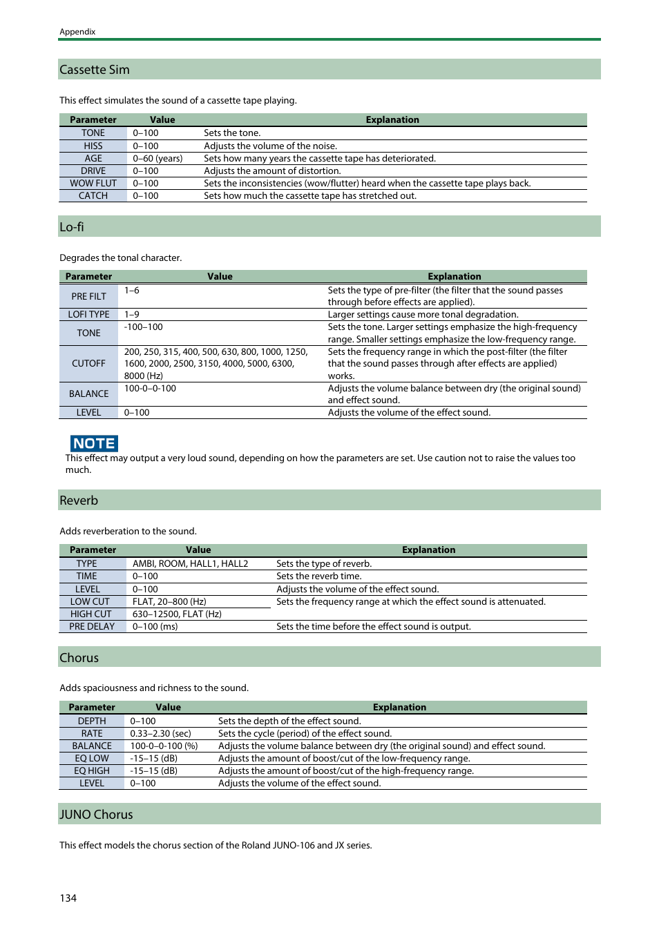 Cassette sim, Lo-fi, Reverb | Chorus, Juno chorus | Roland SP-404MKII Creative Sampler and Effector User Manual | Page 134 / 154