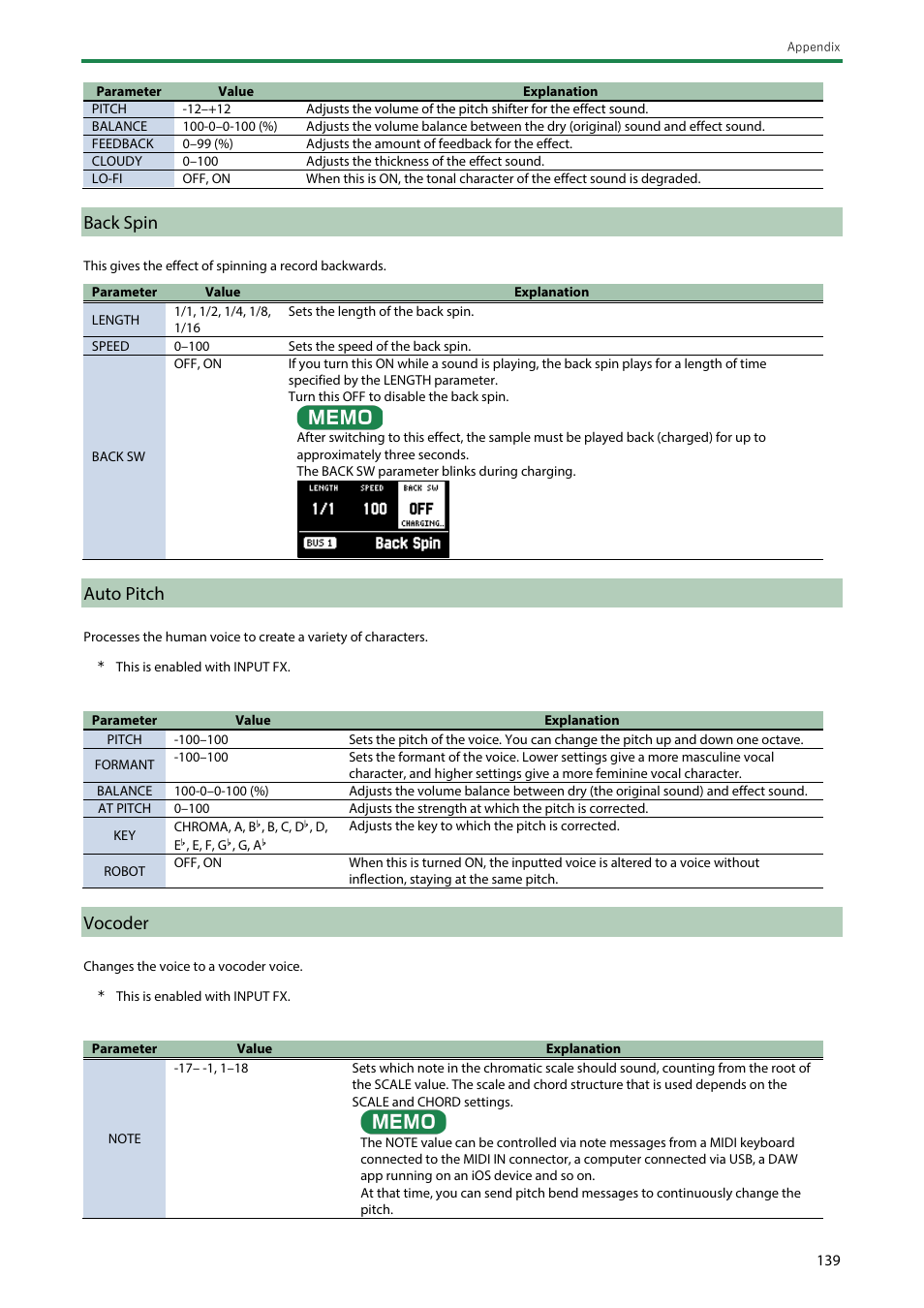 Back spin, Auto pitch, Vocoder | Roland SP-404MKII Creative Sampler and Effector User Manual | Page 139 / 154