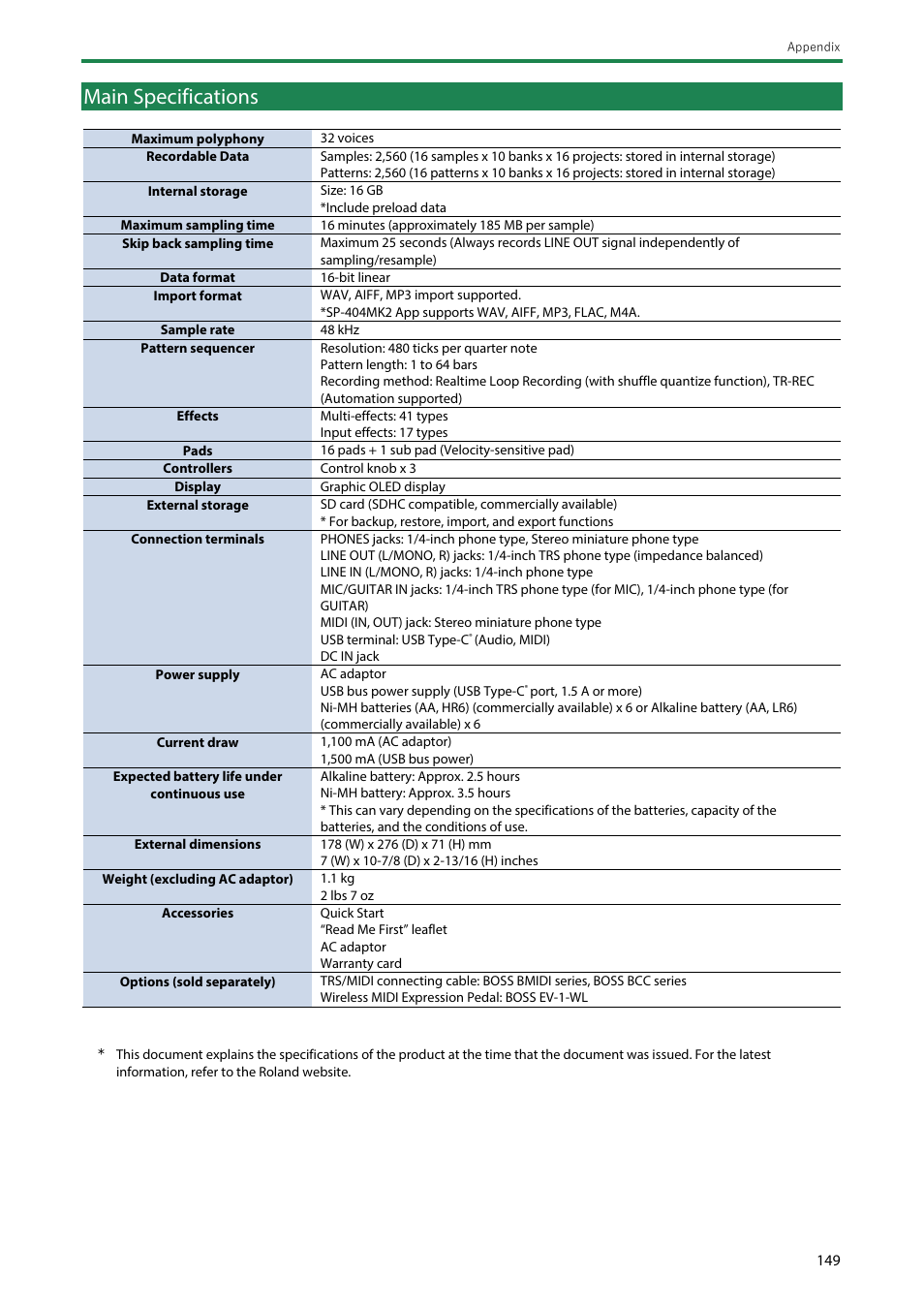Main specifications | Roland SP-404MKII Creative Sampler and Effector User Manual | Page 149 / 154