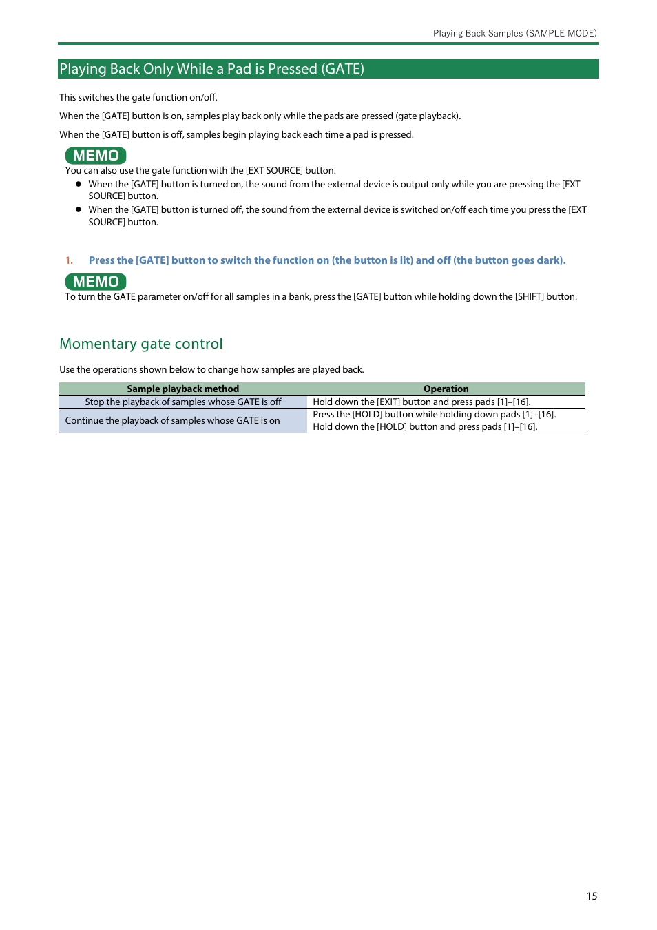 Playing back only while a pad is pressed (gate), Momentary gate control | Roland SP-404MKII Creative Sampler and Effector User Manual | Page 15 / 154