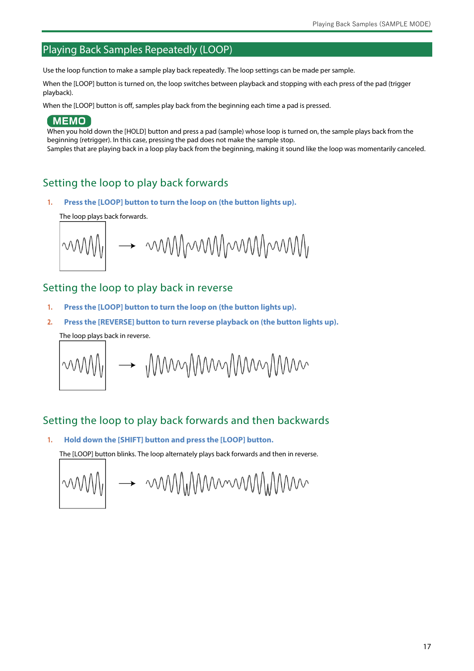 Playing back samples repeatedly (loop), Setting the loop to play back forwards, Setting the loop to play back in reverse | Roland SP-404MKII Creative Sampler and Effector User Manual | Page 17 / 154