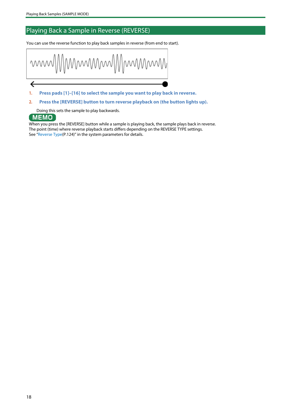 Playing back a sample in reverse (reverse) | Roland SP-404MKII Creative Sampler and Effector User Manual | Page 18 / 154