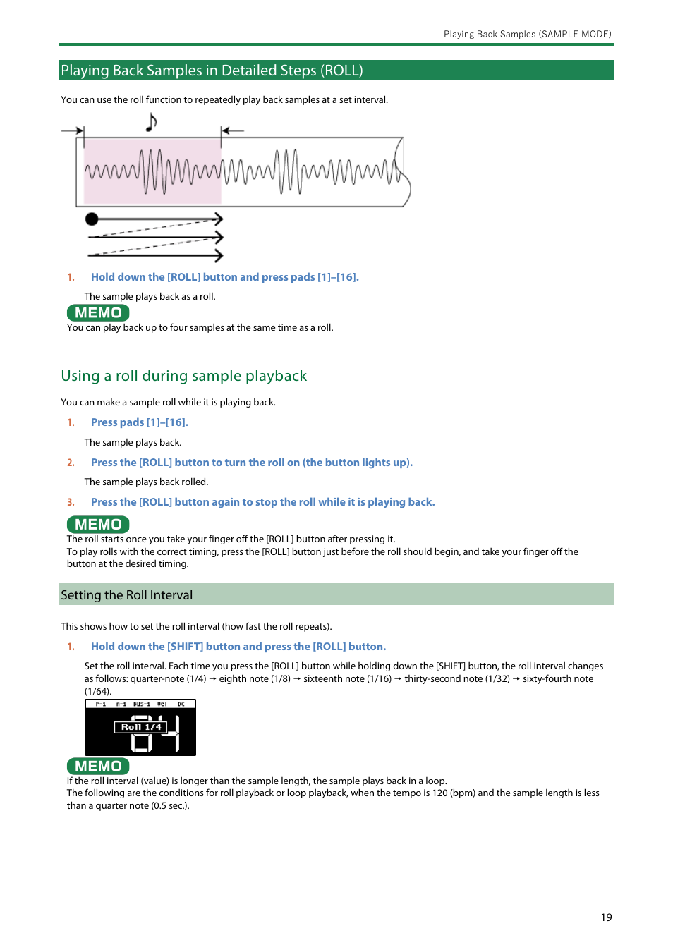 Playing back samples in detailed steps (roll), Setting the roll interval, Using a roll during sample playback | Roland SP-404MKII Creative Sampler and Effector User Manual | Page 19 / 154