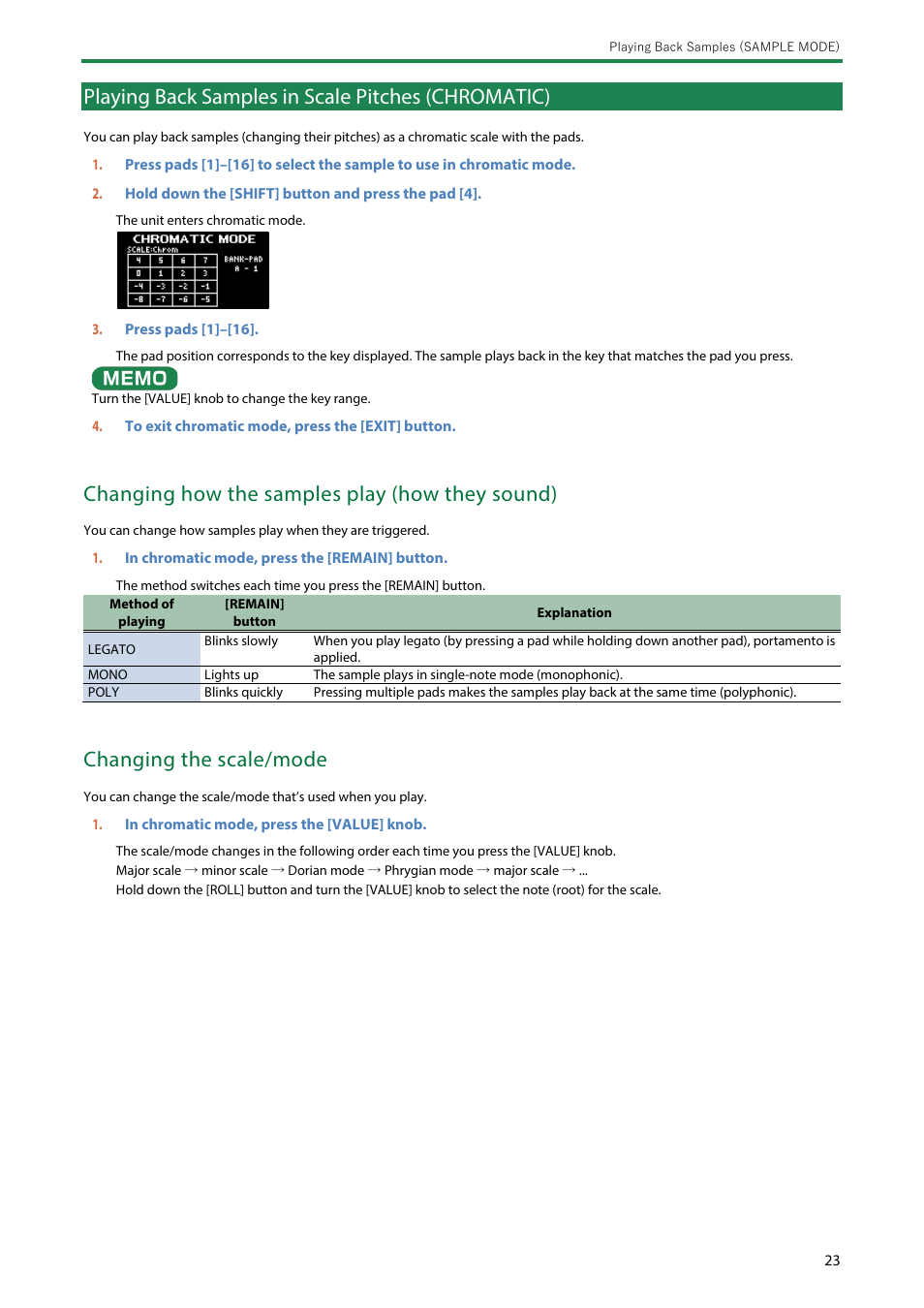 Playing back samples in scale pitches (chromatic), Changing how the samples play (how they sound), Changing the scale/mode | Roland SP-404MKII Creative Sampler and Effector User Manual | Page 23 / 154