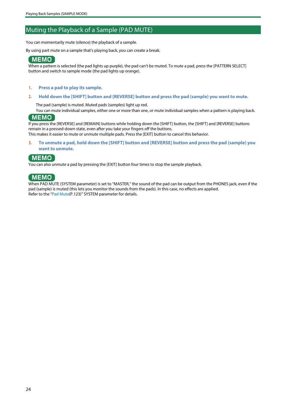 Muting the playback of a sample (pad mute) | Roland SP-404MKII Creative Sampler and Effector User Manual | Page 24 / 154