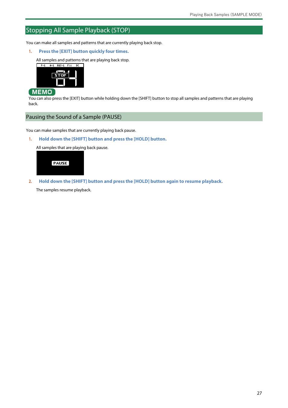 Stopping all sample playback (stop), Pausing the sound of a sample (pause) | Roland SP-404MKII Creative Sampler and Effector User Manual | Page 27 / 154