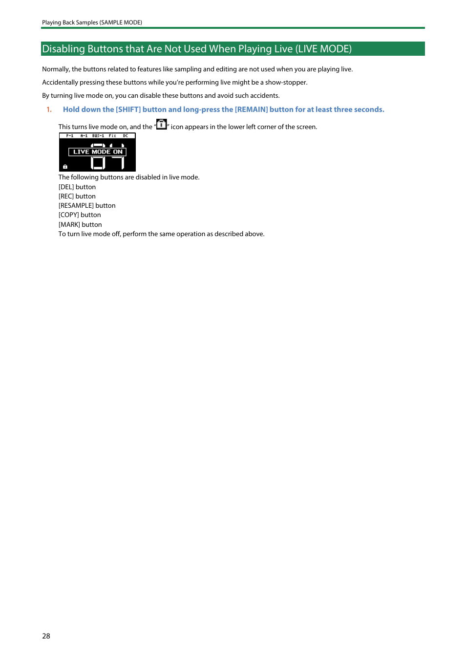 Live mode) | Roland SP-404MKII Creative Sampler and Effector User Manual | Page 28 / 154